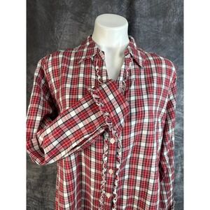 Vintage Hannah Ruffle Button Down Shirt Womens Large Red Plaid 100% Cotton